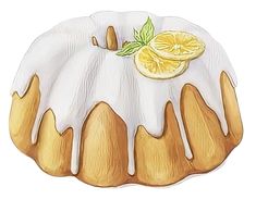 a painting of a bundt cake with lemons on top and frosting drizzled over it