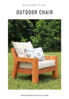 a wooden chair sitting in the grass with text overlay reading building plans outdoor chair