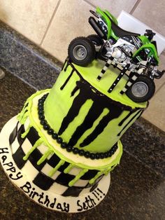 Monster Energy Birthday Cake, Motorcross Cake Ideas, Dirt Bike Birthday Party Ideas, Four Wheeler Cake, Monster Energy Cake, 4 Wheeler Cake, Motocross Cake, Dirt Bike Cake, Bolo Motocross