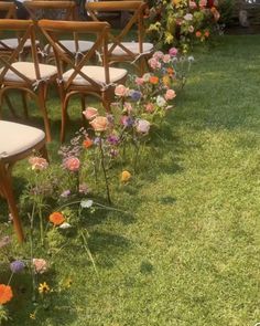 rows of chairs lined up in the grass with flowers growing between them on either side