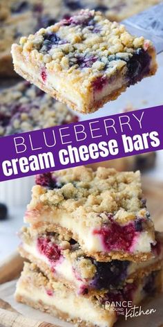 blueberry cream cheese bars stacked on top of each other with the title above it