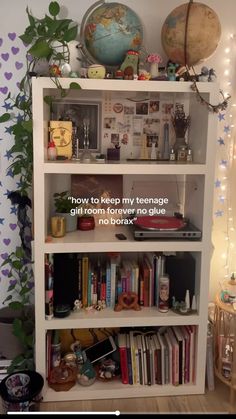 a book shelf filled with lots of books next to a potted plant and globe