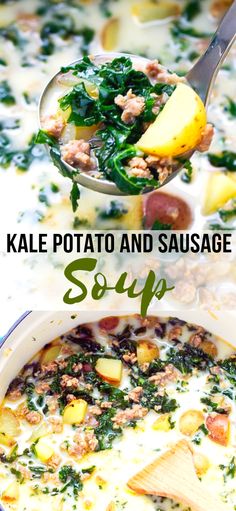 kale potato and sausage soup in a white pot with a ladle full of soup