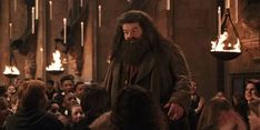 a man with long hair and beard standing in front of an audience at a harry potter movie