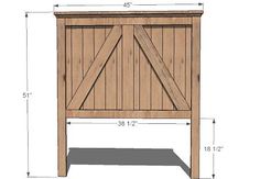 a wooden headboard with measurements for the top and bottom paneled doors on each side