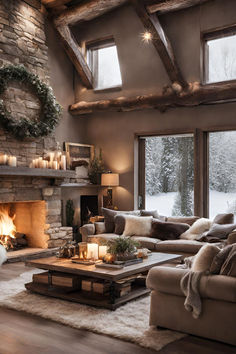 a living room filled with furniture and a fire place in front of a large window