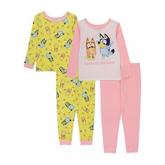 Bluey Pajama Set ***Quick Shipping! US Seller. Guaranteed Authentic Officially Licensed Disney Merchandise!*** "Happiest Day Ever!" Super cute Bluey print with such a sweet message. Comfy 100% snug fit cotton- warm & cozy.  Your little one will love this sweet set featuring Bluey & Bingo from the charming Australian cartoon, Bluey. Perfect for bedtime or watching their favorite show. Please visit our store for the matching Bluey robe! Brand new with tags in sealed catalog bag. Shipped from our Smoke free, pet free boutique. Product Features: 4 Piece set includes: 2 tops, 2 pants, as pictured Top: crewneck, long sleeves Pants: elastic waistband Cotton rib Machine Wash Officially Licensed Tag on pj set reads: For children's safety, garments should be snug fitting, as loose fitting garments a Bedtime Routines, School Uniform Shoes, Back To School Kids, Swim Trends, Cotton Sleepwear, Pajama Pant, Kids Trend, Linen Shop, Pajamas Set