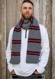 a bearded man wearing a gray and red striped scarf with the text, how to croche