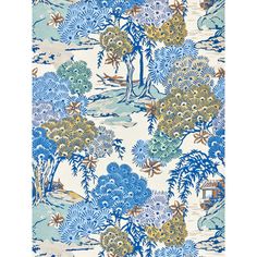 a blue and white wallpaper with trees on it