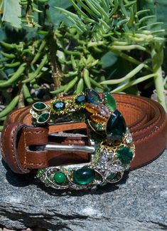 Vintage Mini Green Buckle & Belt - Elusive Cowgirl Boutique Rhinestone Cowgirl, Brown Leather Belt, Buckle Belt, Belt Buckles, Leather Belt, Belts, Brown Leather, Vintage Jewelry, Buckle