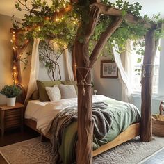 a bedroom with a canopy bed surrounded by greenery and fairy lights, along with a rug on the floor