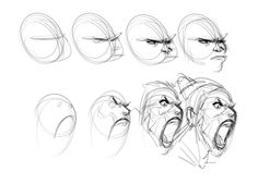 sketches of various facial expressions for the character's head and shoulders, with different angles to