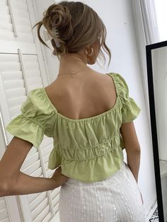 Exclusive for Women Clothing Chest Rope V neck Ruffle Short Top - Green - XL Spring Ruffled Square Neck Crop Top, Chic Green Square Neck Top, Trendy Ruffled Square Neck Crop Top, Ruffle Sleeves Blouses, Corset Vest, Tie Front Blouse, Short Sleeve Cropped Top, Ruffle Shorts, Crop Top Blouse