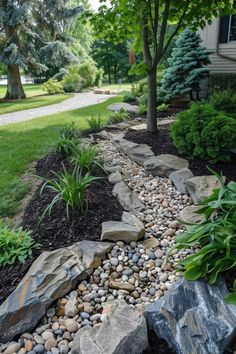 a garden with rocks and plants in the middle of it, along side a house