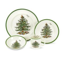 christmas tree dinnerware set with green trim