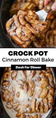 the crock pot cinnamon roll bake is ready to be eaten