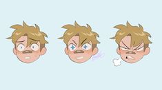 three cartoon faces with different expressions and haircuts, one has blue eyes and the other has blonde hair