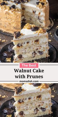 the best walnut cake with prunes is cut in half and served on black plates