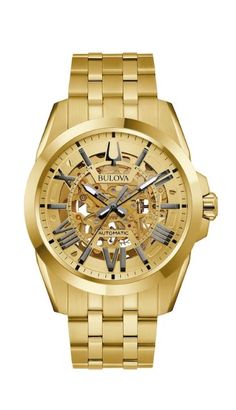 From the Bulova Sutton Collection, this men's watch features a gold-toned skeleton dial with luminous gunmetal grey hands and Roman numeral markers, an open aperture dial on the face and mineral crystal in a 43.0mm gold-toned stainless steel case. Watches | Watchers | Watching | Watchful | Watcher| Watched | Watchs | Smart Watch Bands | Smart Watches & Bands | Apple Watch | Smart Watch Tips | Smart Watch Accessories | Watch Party Recipe | Watch Quote | Watch Party Snack Ideas | Snack Ideas Easy | Snacking Ideas Easy | Snack Ideas Healthy | Snack Ideas For Party | Tips | Tipper | Tipping | Tips home | Gold Jewelry | Gold Diamond | Gold Wedding Band | Toner | Tone | Tone Body | Toners | Toned body | Toned Abs | Tone Body Workout | Tone Girls | Tone Girl | Toned Stomach | Tone woman Gold Automatic Watch Accessories For Business, Gold Watch Accessories With Skeleton Dial, Gold Skeleton Dial Watch Accessories, Timeless Yellow Gold Watch With Skeleton Dial, Gold Automatic Watch With Round Dial, Gold Automatic Business Watches, Gold Automatic Watch For Business, Gold Automatic Watches For Business, Gold Watch With Skeleton Dial