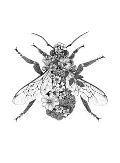 a black and white drawing of a bee with flowers