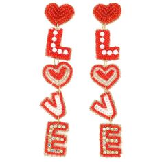 red and white beaded earrings with hearts on the front, two danglings in the middle