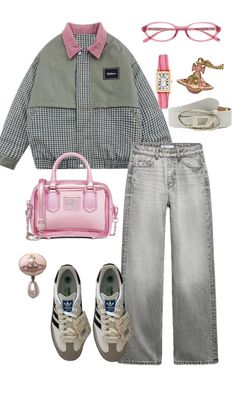 a woman's outfit and accessories including shoes, handbag, sunglasses, purse