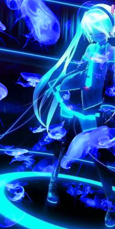 an animated image of a woman surrounded by jellyfish in blue light with neon lights