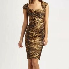 Tadashi Shoji Animal Print Ruched Cocktail Dress Elegant Fitted Leopard Print Dress, Elegant Silk Leopard Print Dresses, Elegant Knee-length Leopard Print Dress, Ruched Leopard Print Party Dress, Ruched Leopard Print Dress For Party, Fitted Ruched Leopard Print Dresses, Leopard Print Ruched Dress For Party, Fitted Leopard Print Dress For Formal Occasions, Leopard Print Short Sleeve Party Dress