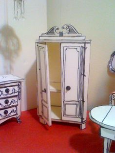 a drawing of a cabinet and table in a room with red carpeted flooring