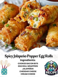 an advertisement for spicy jalapeno popper egg rolls on a white plate