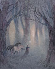 a drawing of two horses in the woods