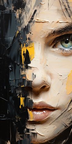 a painting of a woman's face with yellow and black paint