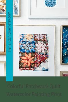 colorful patchwork quilt watercolor painting print displayed on white wall with blue border around it