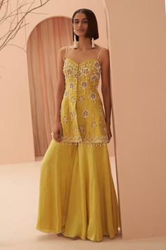 Wedding Guest Edit | Designer Womenswear Collections at Aza Fashions Haldi Designs Dress, Indian Engagement Guest Outfit, Haldi Guest Outfit, Yellow Indian Outfit, Organza Sharara, Yellow Sharara, Strappy Shirt, Haldi Ceremony Outfit, Mehndi Function