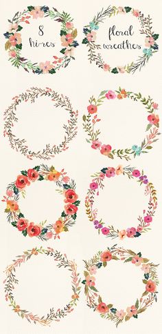 floral wreaths with flowers and leaves are arranged in the shape of four different frames