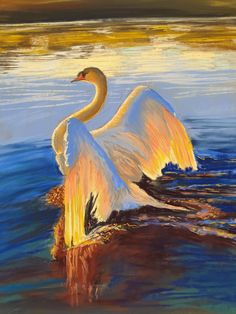 a painting of a swan on the water