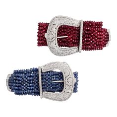 Belle Epoque design pair of diamond bracelets set respectively with rubies and sapphires. Ruby Bracelet: Width: 2.80 up to 5.00 centimeters. Length: 25.70 centimeters. Weight: 67.01 grams. Sapphire Bracelet: Width: 2.70 up to 5.00 centimeters. Length: 26.10 centimeters. Weight: 68.06 grams. Ruby And Sapphire, Ruby Bracelet, Bracelets Set, Ruby Sapphire, Sapphire Bracelet, Diamond Bracelets, Bracelet Set, Jewelry Bracelets, Ruby