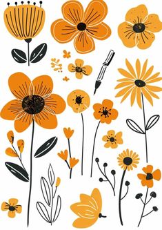 an orange and black flower pattern on a white background with the words, flowers are drawn in