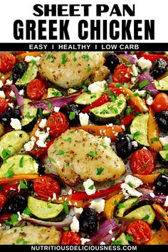 a sheet pan filled with chicken, vegetables and feta cheese text reads sheet pan greek easy healthy low carb