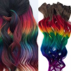 "Please read all of the information below before purchasing hair or starting a conversation between seller and buyer. Thank you! Most listing photos show examples of full sets 100-150g worth of hair. If ordering smaller packages please go by the width, length and weights below. Hair packages and pricing: Each 2\" wide extension is 5-6 grams of hair. The weft is doubled and sewn together. Then dip dyed and a clip is sewn on. The hair feathers and thins out towards the bottom of the weft in order Rainbow Hair Black Women, Dark Rainbow Hair, Coloured Extensions, Prism Hair, Tie Dye Tips, Hair Feathers, Holographic Hair, Gem Hair, Dyed Tips