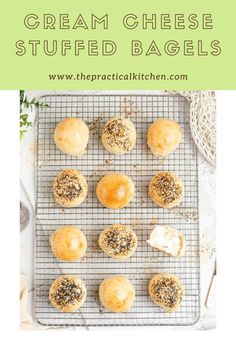 an image of cream cheese stuffed bagels on a cooling rack with text overlay