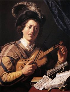 a painting of a man holding a violin in his right hand and wearing a black hat