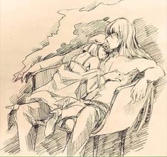 a drawing of two people sitting on a couch with their arms around each other,