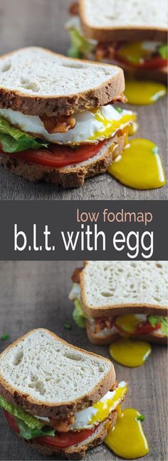 an egg sandwich with lettuce and tomato on it is cut in half to show the mayonnaise