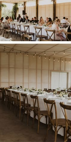 two pictures of people sitting at tables with white tablecloths