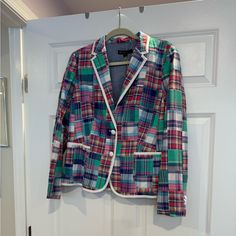 Brooks Brothers All Cotton Sport Coat, Blazer,Jacket. Patcnwork Plaid.Piped In White. Fitted At Waist. Kick Pleat In Back. Multicolor Blazer With Lapel Collar For Work, Multicolor Long Sleeve Office Blazer, Multicolor Outerwear With Pockets For Work, Multicolor Workwear Outerwear With Pockets, Multicolor Outerwear With Button Closure For Work, Multicolor Button Closure Outerwear For Work, Multicolor Blazer With Pockets For Workwear, Multicolor Blazer With Pockets For Work, Casual Patchwork Blazer For Work