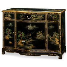 Black Lacquer Chinoiserie Scenery Motif Oriental Hall Cabinet Chinoiserie Furniture, Hall Cabinet, Floor Screen, Asian Wall Art, Asian Furniture, Buffets And Sideboards, China Furniture, Chinese Furniture, Black Sideboard