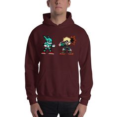 When Deku and Bakugo face off, they don't hold back! Go Beyond 8-Bit with this Mega Man X inspired ode to My Hero Academia's greatest rivals! All hoodies are designed by 11-19 Apparel, then printed and shipped by Printful. The 11-19 Apparel logo will be printed below the hood on the back. This hoodie is available in three colors: Dark Heather Grey, Indigo Blue, and Maroon. Choose wisely. [Light print on maroon fabric may have a somewhat faded/vintage appearance.] This design is direct-to-garment Apparel Logo, Maroon Fabric, Megaman X, 8 Bits, Plus Ultra, Choose Wisely, Clothing Logo, Mega Man, Face Off