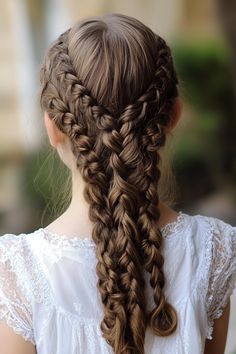 Back view of a young girl with intricate braided hair. Hairstyles For Girls Easy, Simple Braided Hairstyles, Easy Braided Hairstyle, Dutch Pigtail Braids, Fishtail Plait, Five Strand Braids, Two Dutch Braids, Spiral Braid, Two French Braids