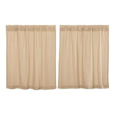 two beige curtains hanging on the side of a window